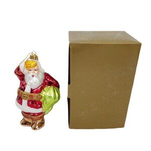 Handmade Glass Santa Claus Blown Holiday Ornament Red Green Gold Details Christm